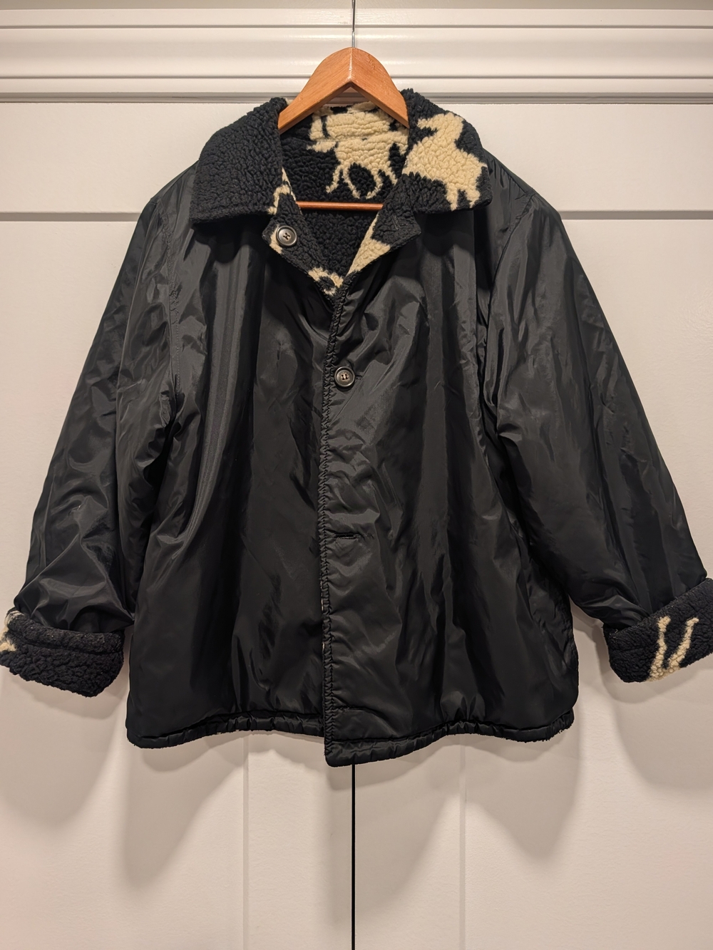 VINTAGE 90s Women's Horse Equestrian Print Black Sherpa Reversible Jacket Coat - Picture 7 of 10